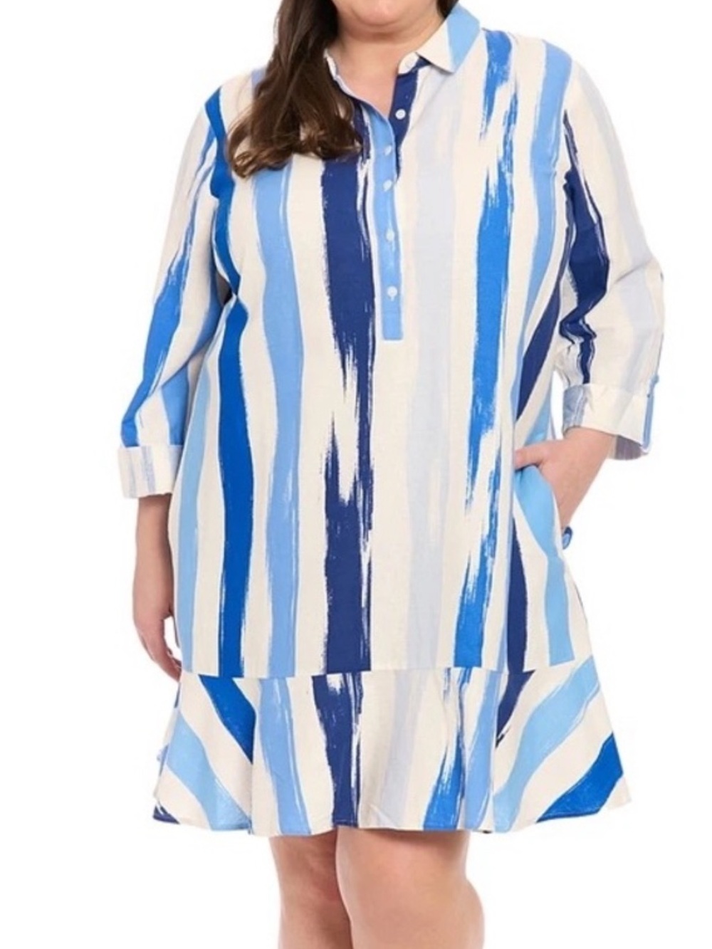London Times Woman Blue & White Striped Brushstroke Shirt Dress NWT Size 3X